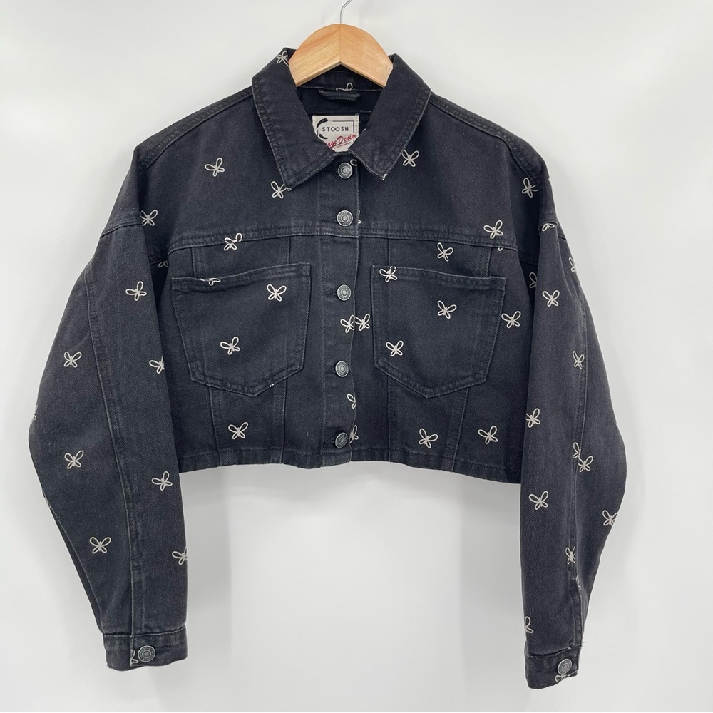 Stoosh Vintage Denim Butterfly Cropped Jean Jacket Black Size Small Button Front - Picture 4 of 11